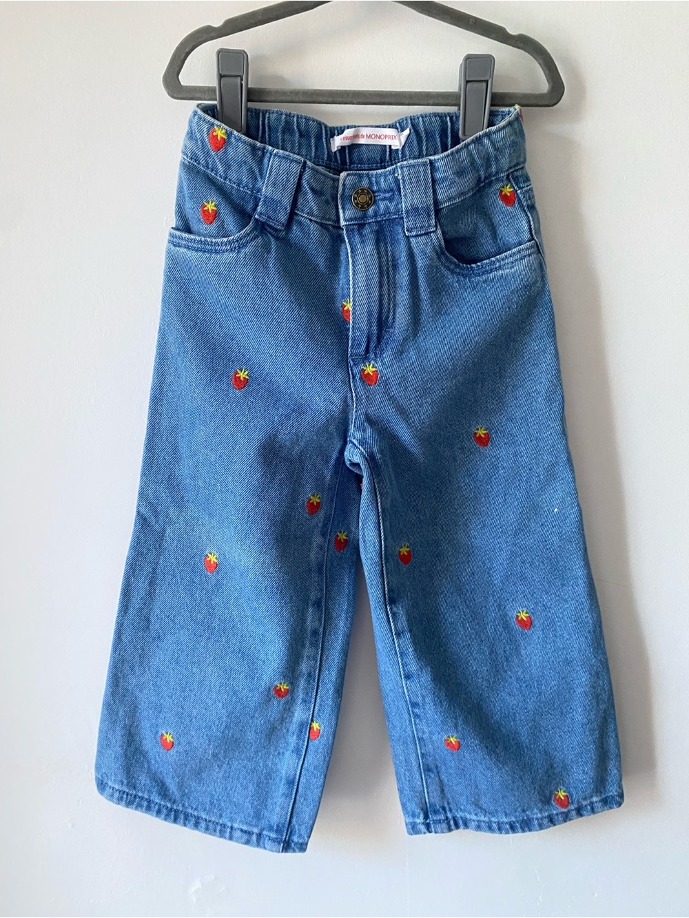 Kids Blue Denim Strawberry Embroidered Wide-Leg Jeans